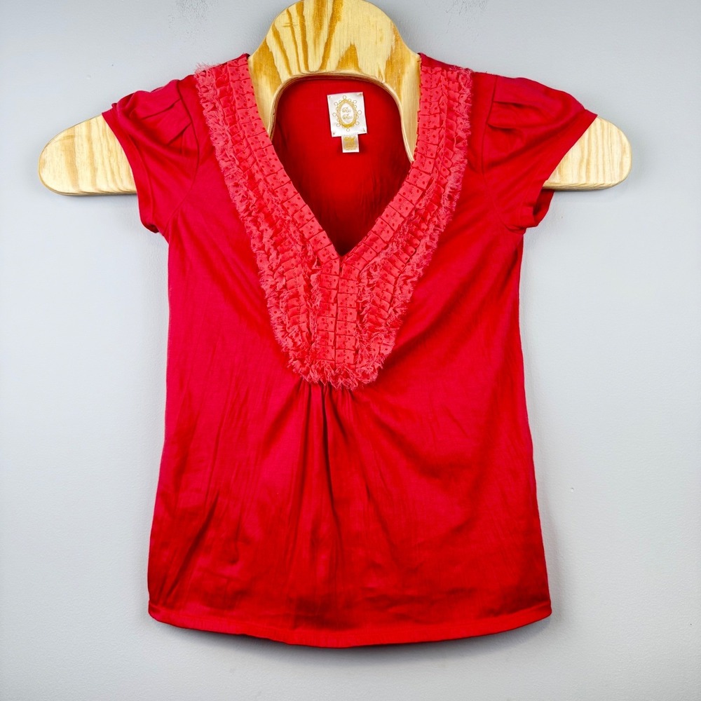 Womens Ruffle V-Neck Blouse XS Puff Sleeve Smocked Back‎ Feminine Coquette Boho